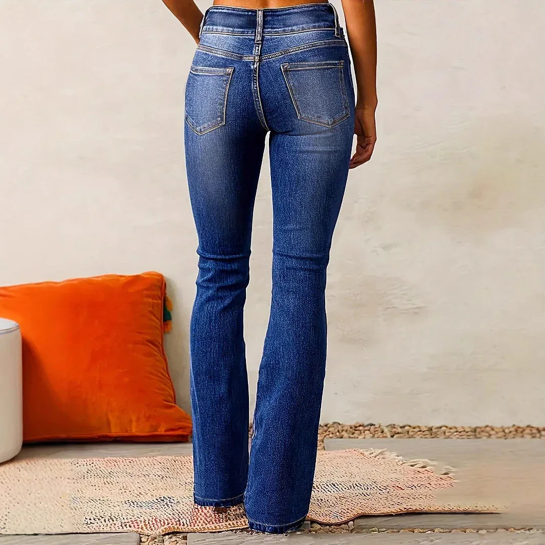 Skinny Flared Jeans With Pockets Fashion Button Zipper Trousers Women's Slim Denim Pants - DanaFashionstore