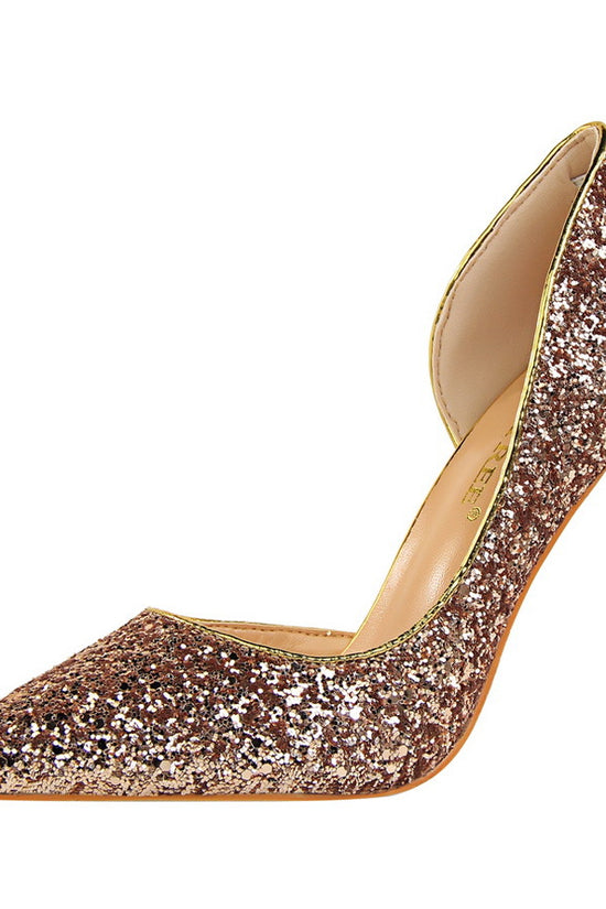 Skinny Women's Shoes Stiletto Heel Shallow Mouth Pointed Side Hollow-out Sequin