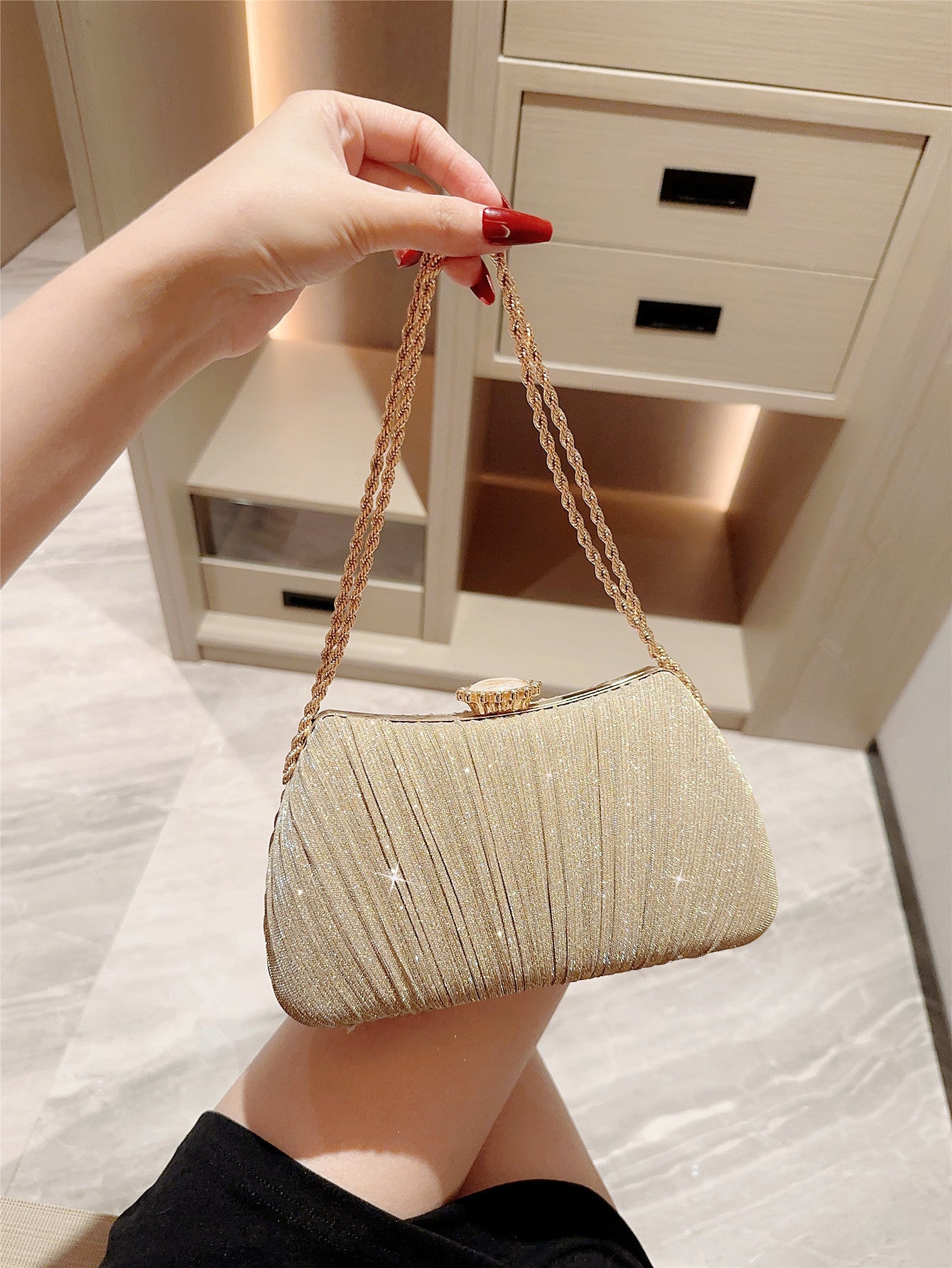 Shiny Pleated Evening Party Dress One Shoulder Prom Bag - Dana Fashion