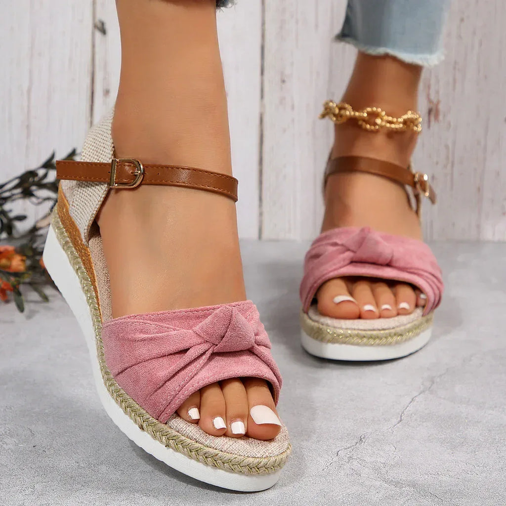 New Thick-soled Bow Sandals Summer Fashion Casual Linen Buckle Wedges Shoes For Women - DanaFashionstore