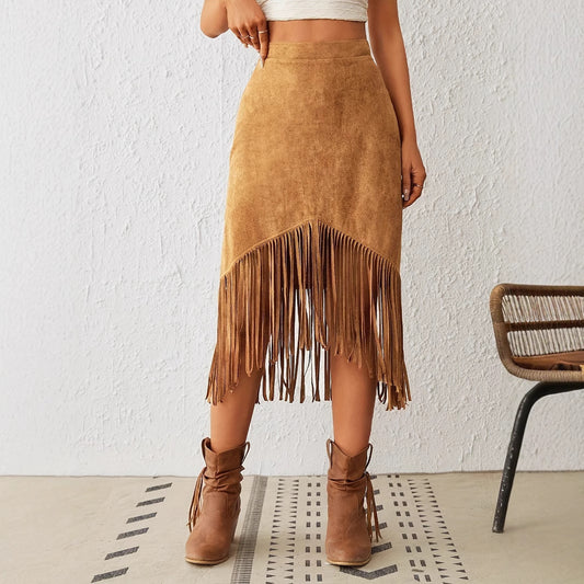 Women's Tassel Edge Asymmetrical Hem Solid Color Skirt - Dana Fashion