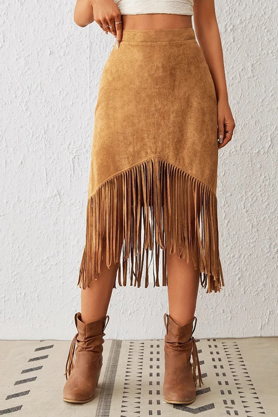 Women's Tassel Edge Asymmetrical Hem Solid Color Skirt - Dana Fashion