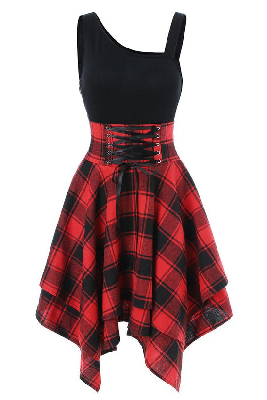 Fashion Plaid Suspender Elastic Waist Irregular Plaid Dress