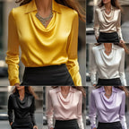 Women's Swing Collar Draped Shirts & Blouses Elegant Solid Satin Office Ladies Top Pullover Spring Long Sleeve Casual Tops - DanaFashionstore