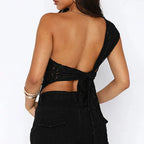 Ins Lace Backless Top Summer Solid Color Waistless Asymmetrical Sloped Neck Vest Streetwear Womens Clothes - DanaFashionstore