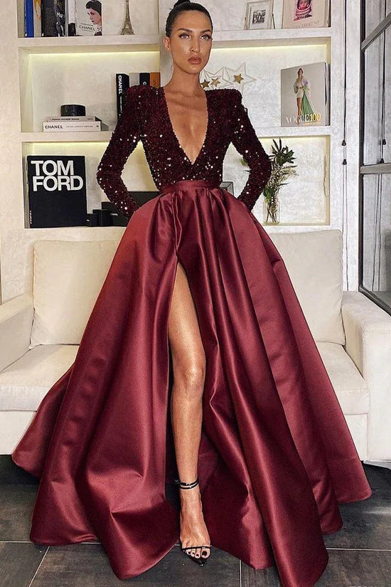 Women's Long Sleeve Sequin V-neck Sequins Evening Dress - DanaFashionstore