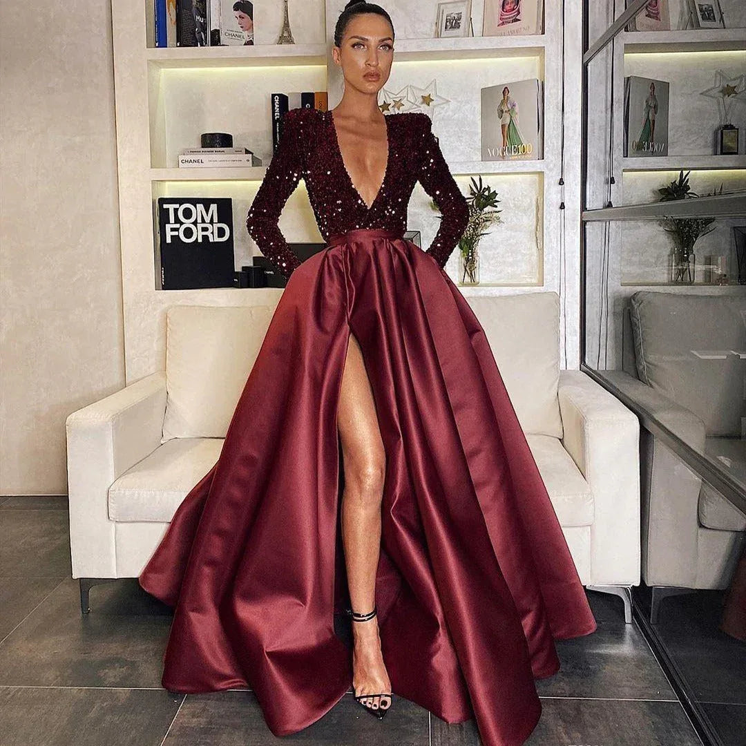 Women's Long Sleeve Sequin V-neck Sequins Evening Dress - DanaFashionstore