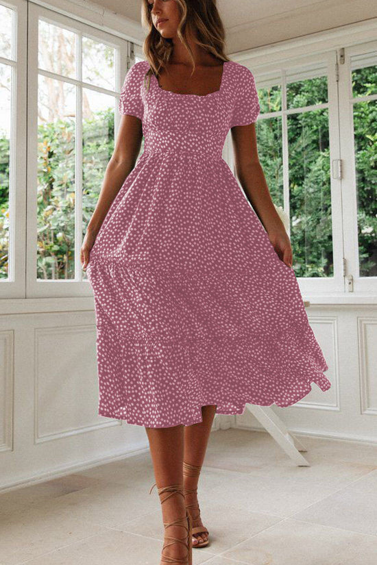 Square Collar Short Sleeve Dress Summer Puff Floral Printed Dress Long Dresses