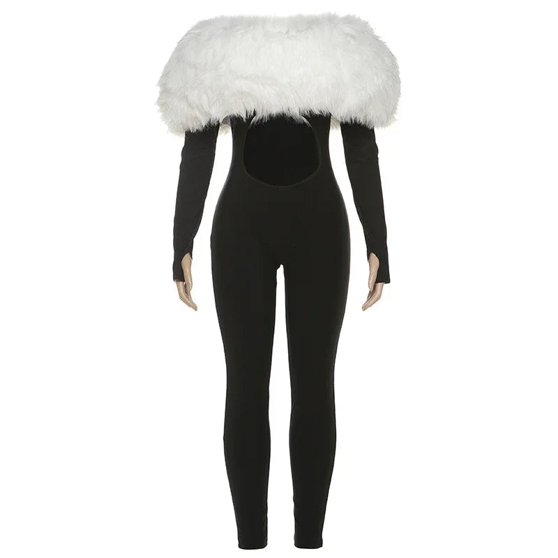 New Women's Off-shoulder Furry Stitching Sexy Midriff-baring Long Sleeve Jumpsuit - DanaFashionstore