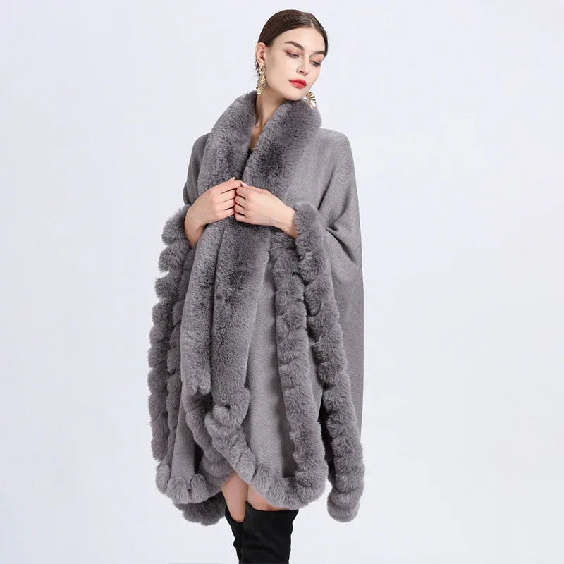 Rex Rabbit Fur Collar Shawl Irregular Oversized Knitted Cardigan Baggy Coat - DanaFashionstore
