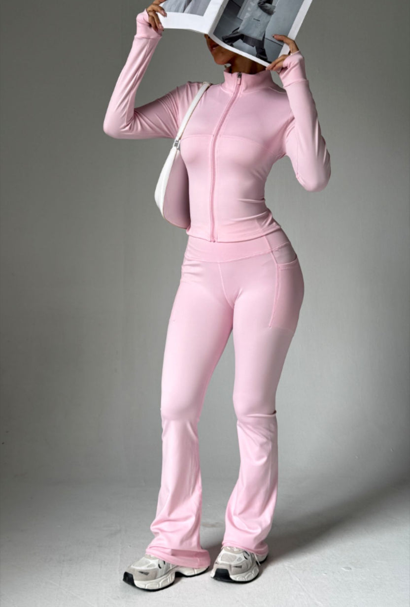 Stand Collar Long-sleeve Zipper Jacket High Waist Pocket Wide Leg Pants Suit