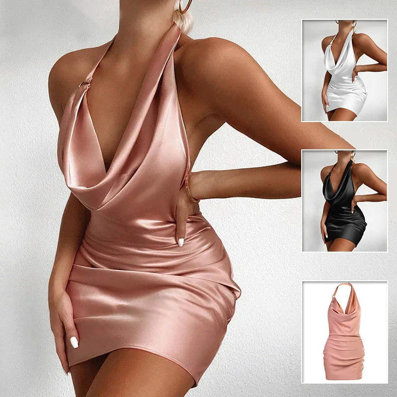 Satin Party Dress V Neck Backless Mini Sleeveless Summer Party Dress - DanaFashionstore