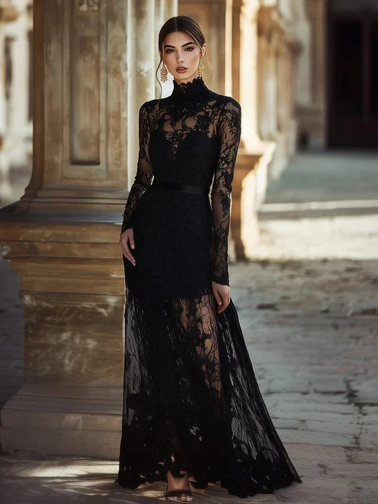 Women's Solid-color Hollow-out Vintage Stand-collar Long-sleeve Lace Maxi Dress With A Fitted Waist - DanaFashionstore