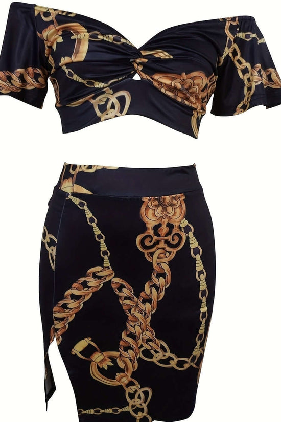 Women's Chain Low Neck Open Belly Half Skirt Set $65.99 Dana Fashion Colour: MU Size: L Women's clothing Quantity per package: 1 piece Sleeve Length:Short Sleeveless Season: summertime Style: casual Shape: fit Stretch: lightweight Care instructions: not d