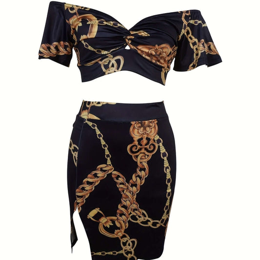Women's Chain Low Neck Open Belly Half Skirt Set $65.99 Dana Fashion Colour: MU Size: L Women's clothing Quantity per package: 1 piece Sleeve Length:Short Sleeveless Season: summertime Style: casual Shape: fit Stretch: lightweight Care instructions: not d