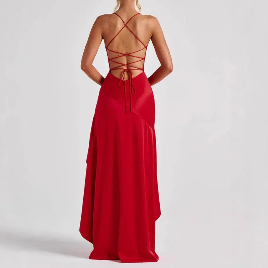 Women's Backless Ruffles Irregular Dress Summer Fashion Evening Party Club Split Suspender Maxi Dresses Clothing - DanaFashionstore
