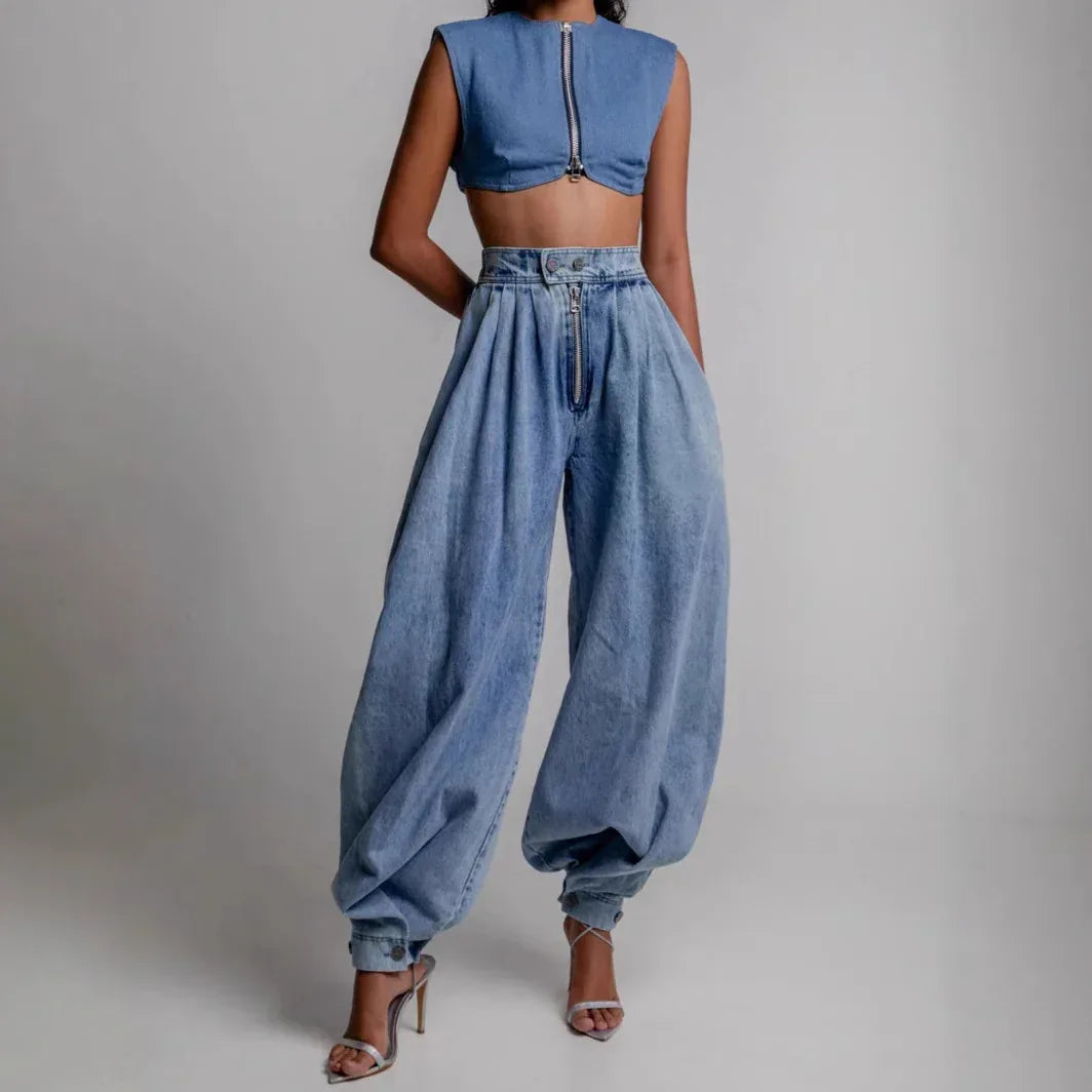 High Waist Zipper Denim Loose Harem Pants - DanaFashionstore