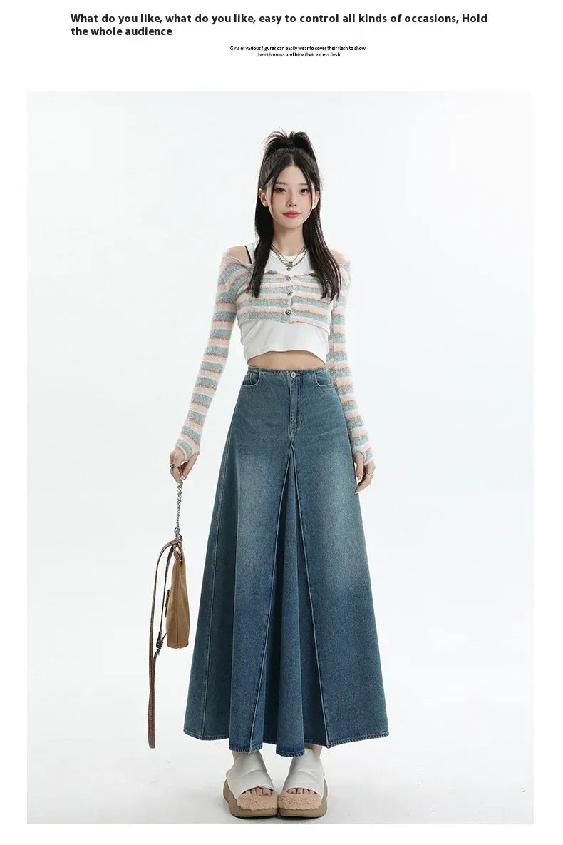 American Style Retro Big Swing Denim Spring New High Waist A- Line Slimming Mid-length Skirt - DanaFashionstore