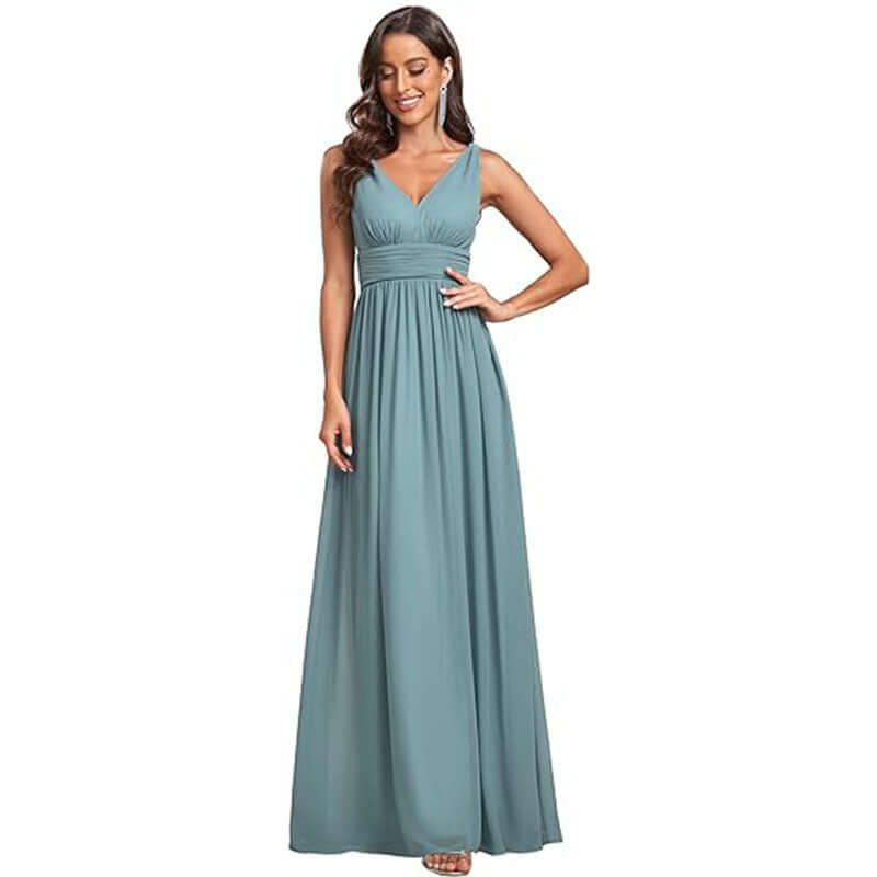 Women's Elegant Graceful Deep V-neck Sleeveless Chiffon Formal Maxi Evening Dress $109.36 Dana Fashion Color: Gray blue Size: US10 Women's clothing Product information: Applicable scenario: Wedding Sleeve type: sleeveless Main fabric composition: Polyeste