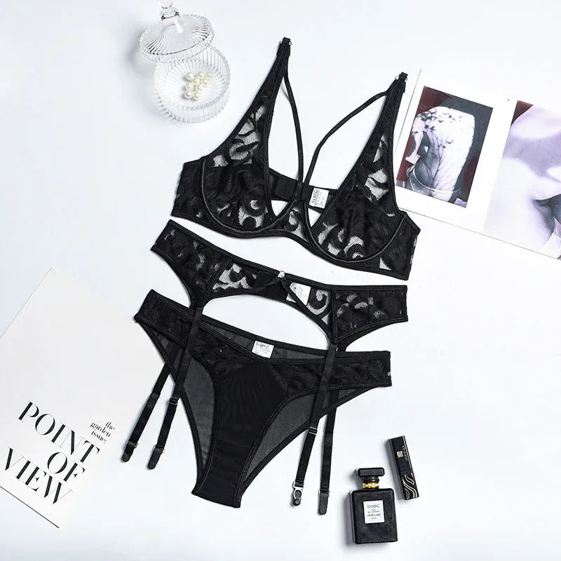 Three-piece Lace Sexy V-neck See-through Body Shaping Underwear - DanaFashionstore