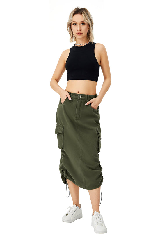 Women's Cargo Long Skirt Casual Streetwear Loose High Waist Front Split Maxi Skirt With Pocket Women's Cargo Long Skirts High Waisted Pencil Skirt Midi Length Jean Skirt With Cargo Pockets