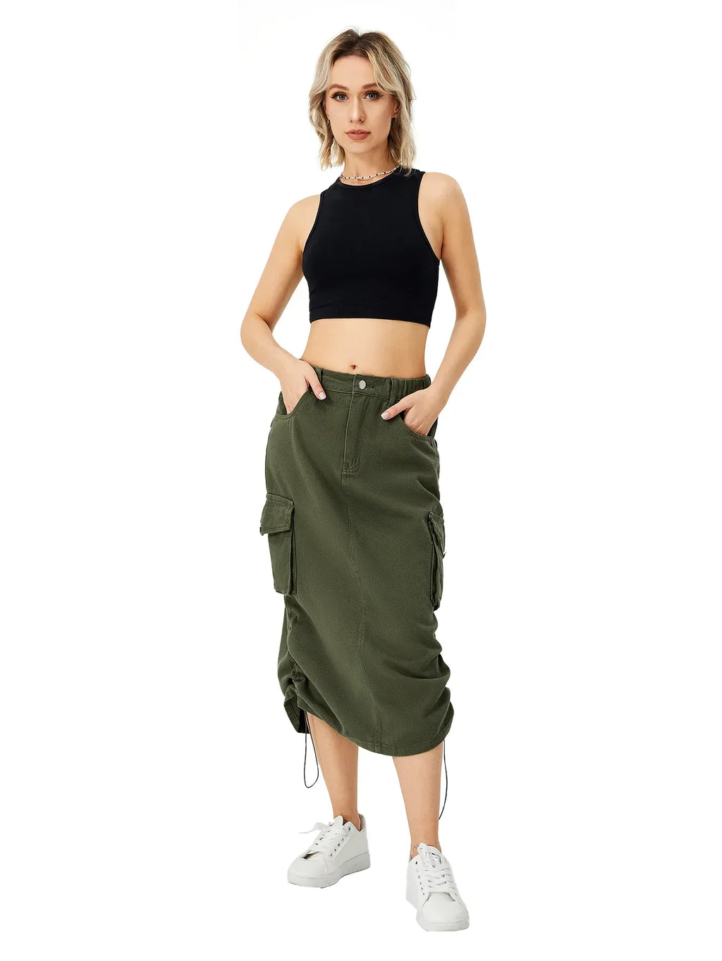 Women's Cargo Long Skirt Casual Streetwear Loose High Waist Front Split Maxi Skirt With Pocket Women's Cargo Long Skirts High Waisted Pencil Skirt Midi Length Jean Skirt With Cargo Pockets - DanaFashionstore