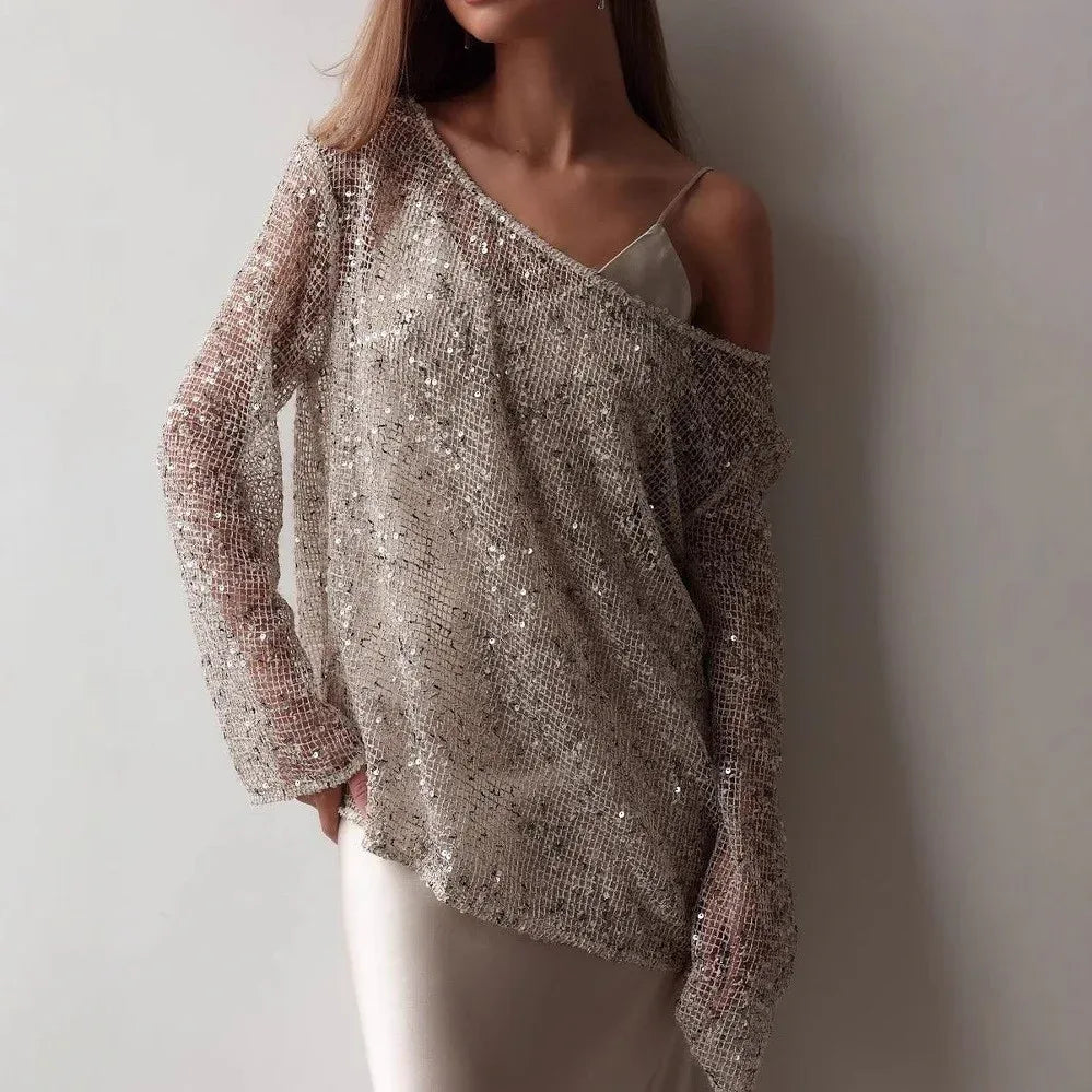 European And American Long Sleeve Hollow Loose Pullover Sequined Top Women's Clothing - DanaFashionstore