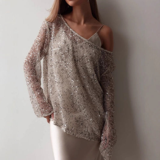 European And American Long Sleeve Hollow Loose Pullover Sequined Top Women's Clothing