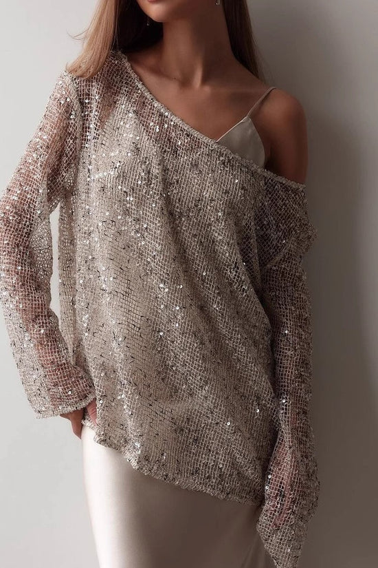 European And American Long Sleeve Hollow Loose Pullover Sequined Top Women's Clothing