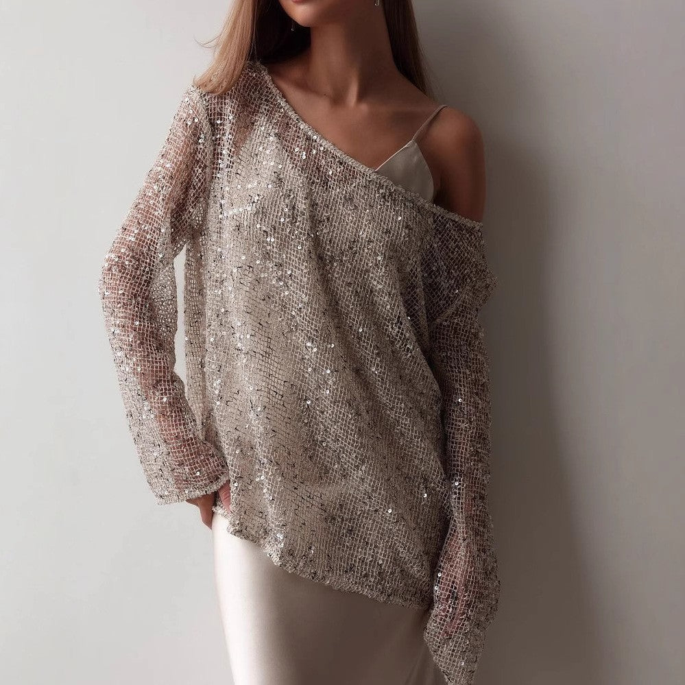 European And American Long Sleeve Hollow Loose Pullover Sequined Top Women's Clothing