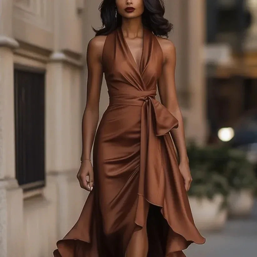 Elegant Deep V-neck Irregular Women's Ruffled Ruffled Evening Dress Gowns Solid Color Lace-up High Waist Satin Party Dresses Wedding Guests Dress - DanaFashionstore