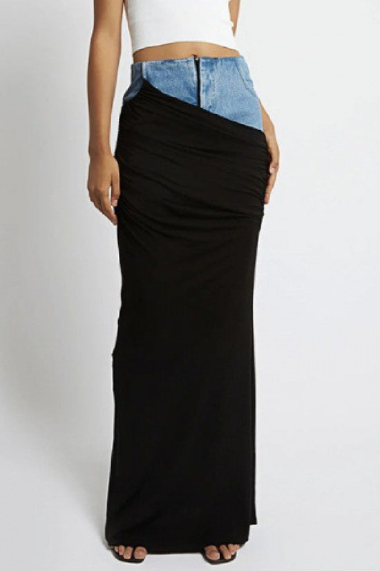 Fashion Black Panel Denim Skirt