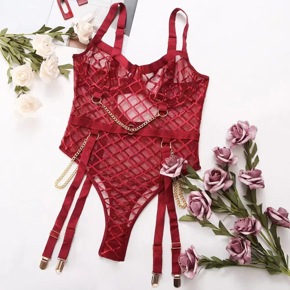 One-piece Lingerie One Piece Dropshipping Metal Chain Grid Passion Sexy Tight Underwear - DanaFashionstore