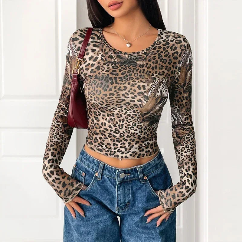 Women's Vintage Leopard Print Long-sleeved T-shirt - DanaFashionstore