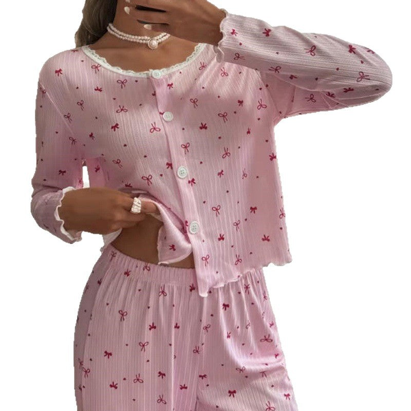 Lace-trimmed Single-breasted Printed Loungewear Two-piece Set For Women