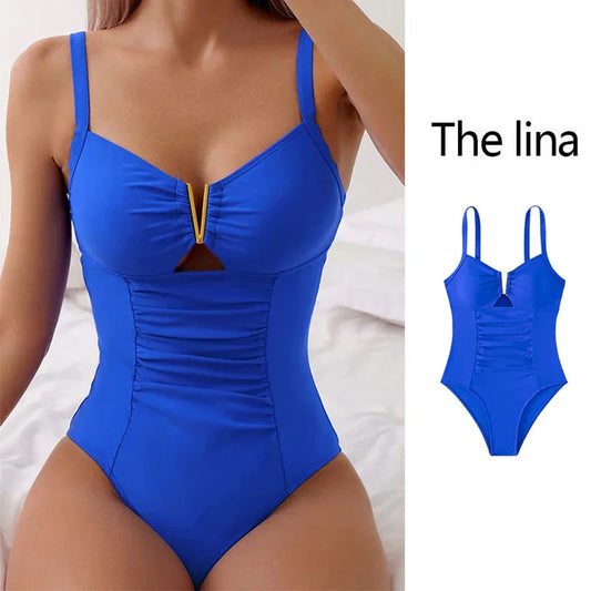 New V-neck Hollow One-piece Bikini Beach Fashion Pleated Belly Slimming Swimsuit Summer Womens Clothing - DanaFashionstore