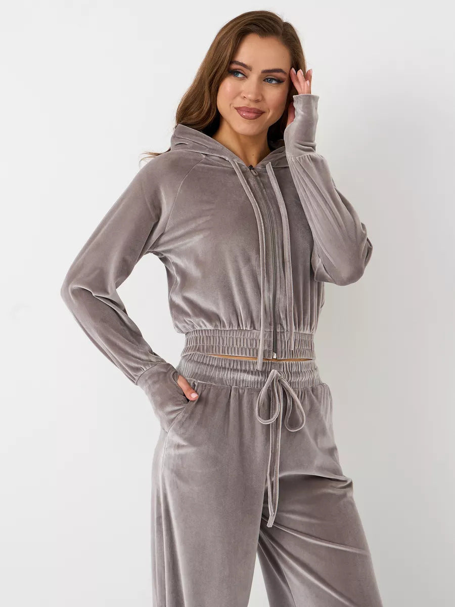 Women's European And American Fashion Casual Solid Color Zipper Cardigan Trousers Suit