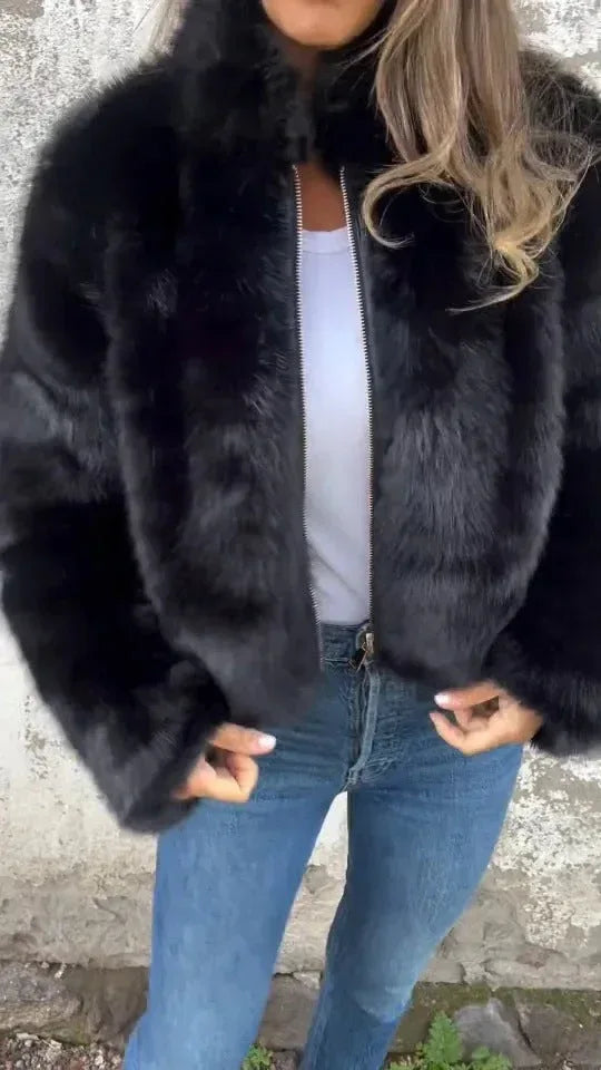 Fashion Stand Collar Plush Jacket Winter Casual Turtleneck Zipper Coat Fleece Tops Women's Clothing - DanaFashionstore