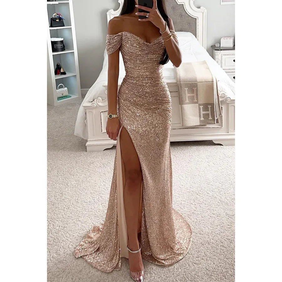 Party Sequins Off-neck Split Dress INS Casual Fashion Dress Women Charming Slimming Dress For Women - DanaFashionstore