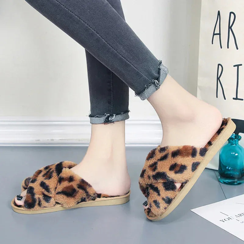 Cross-strap Fuzzy Slippers Leopard Plush House Shoes Flat Bedroom Slippers Slippers For Women - DanaFashionstore