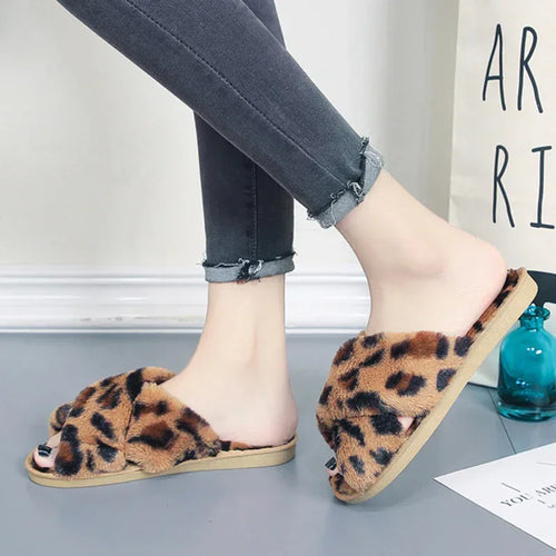 Cross-strap Fuzzy Slippers Leopard Plush House Shoes Flat Bedroom Slippers Slippers For Women - DanaFashionstore
