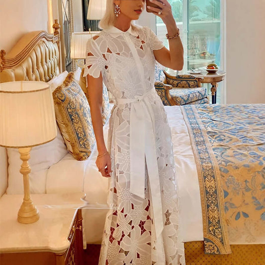 Casual Lace Cardigan Single-breasted Dress $65.90 Dana Fashion Color: White Size: L Women's clothing Product information: Fabric name: Polyester Color: White Sleeve type: regular sleeve Main fabric composition: Polyester (polyester fiber) Size: S,M,L,XL W