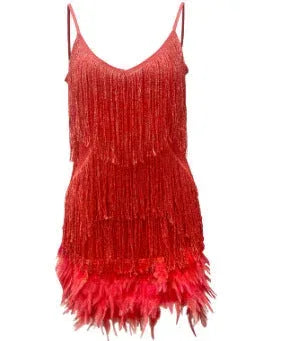 Sexy Tassel Sequins Feather Summer Mini Dress Women V Neck Spaghetti Strap Stitching Dresses Female Elegant Evening Party Club Dress - DanaFashionstore