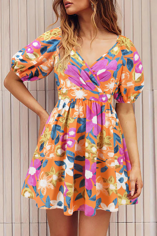 Flowers Print V-Neck Lantern-sleeve Dress Y2K Summer Vacation Beach Short Dresses Fashion Womens Clothing