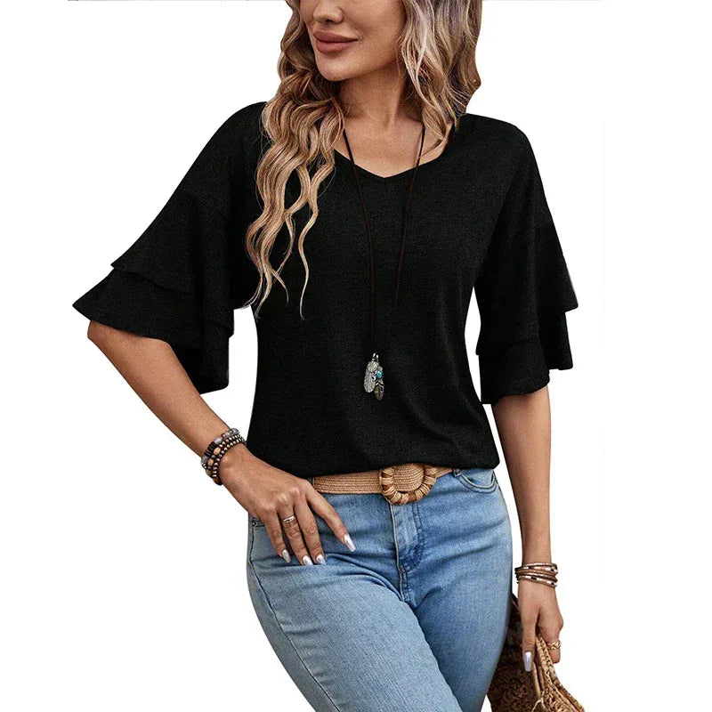 Loose V-neck Ruffle Sleeve T-shirt Fashion Solid Mid-sleeve Tops Women's Clothing - DanaFashionstore