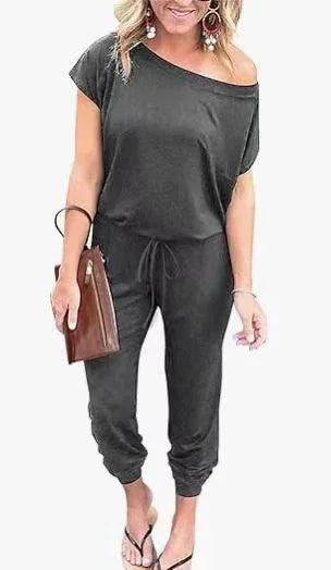 Fashion Slant Shoulder Jumpsuit 2026 - Short Sleeve Pocket Jumpsuit - DanaFashionstore