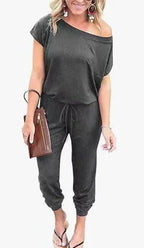 Fashion Slant Shoulder Jumpsuit 2026 - Short Sleeve Pocket Jumpsuit - DanaFashionstore