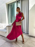 Ins Pleated One-shoulder Dress With Big Rose Flower Fashionable Sexy Evening Party Club Asymmetrical Dress - DanaFashionstore