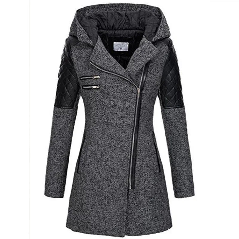 Women Warm Slim Full Zipper Coat Thick Woolen Coat Female Fall Winter Windbreaker Hooded Diagonal Zipper Women's Clothing - DanaFashionstore
