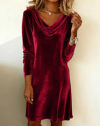 Elegant Solid Color Swing Collar Long Sleeved Velvet Dress Temperament Gentle Skirts For Women Cocktail Party Formal Dresses - DanaFashionstore